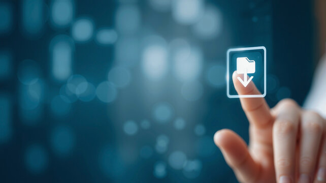 a woman's hand with her finger touching a square button on a virtual screen, holding an open folder icon with a download arrow, symbolizing web design, online business, and data management.
