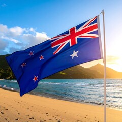 New Zealand flag waving over a tropical beach at sunrise