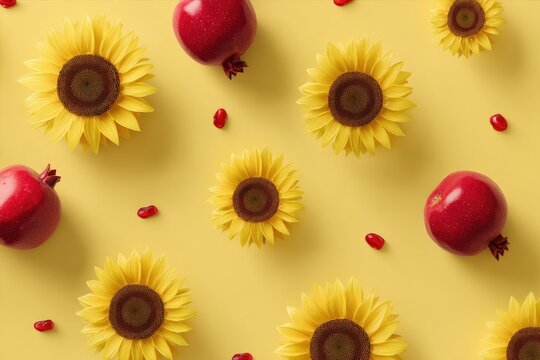 A pattern of sunflowers and pomegranates on a pale yellow background
