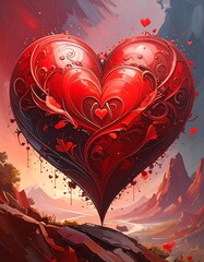 A large, ornate heart, red and detailed, floats above a landscape
