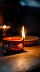 a traditional Indian oil lamp (Diya) glowing softly with a warm golden flame in the darkness, symbolizing hope, light, and spiritual triumph during the Diwali fes
