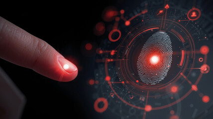 a damaged digital fingerprint with glowing lines and alert icons, signaling compromised biometric security and a data breach,