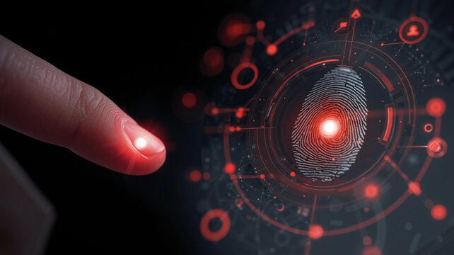 a damaged digital fingerprint with glowing lines and alert icons, signaling compromised biometric security and a data breach,