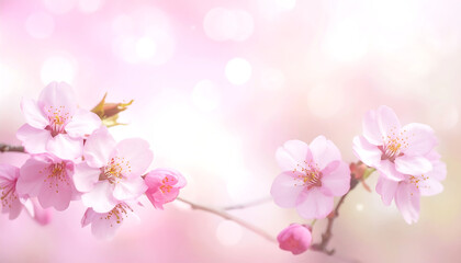 Naklejka premium ピンクの桜が春風に揺れる淡く優しい光の幻想的な背景壁紙