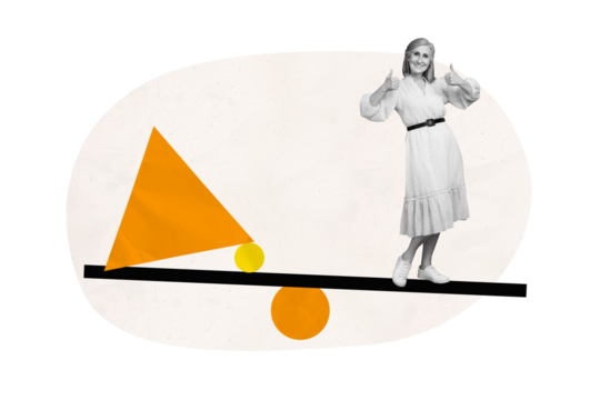 Creative collage picture mature cheerful woman showing thumb up geometry figures triangle scale balance drawing background