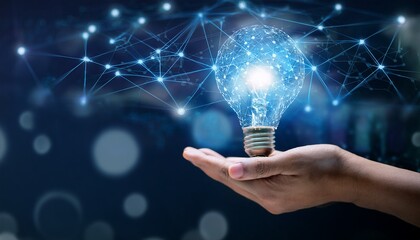 a hand holding a light bulb with a digital network connection and a technology background conceptualizing innovation creativity ideas and business inspiration
