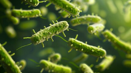 Microscopic view of vibrant green bacteria cells floating in liquid