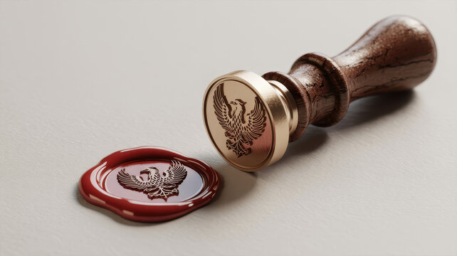 Wood and brass wax seal stamp beside fresh red wax imprint with phoenix design - Powered by Adobe
