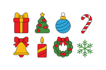 Collection of eight minimalist christmas icons including a gift box tree ornament bell candle wreath candy cane and snowflake perfect for seasonal design
