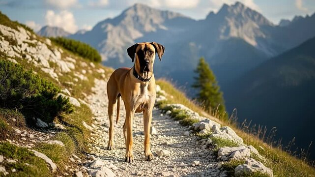 A majestic fawn-colored dog, exhibiting the characteristic black mask, stands proudly on a sun-dappled, rocky mountain trail. The imposing canine looks attentively into the distance, framed by a breat