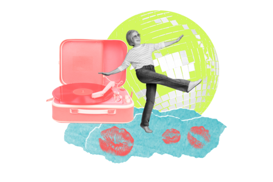 Composite photo collage of happy old woman dance retro event disco ball occasion cd vinyl disk player music isolated on painted background