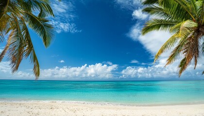 a beautiful beach scene with palm trees blue sky and white clouds framing the turquoise ocean