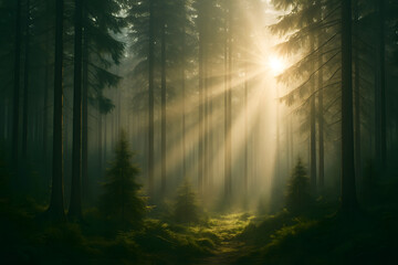 Fototapeta premium Golden sunlight beams through tall pine trees in a misty forest, creating a peaceful and spiritual atmosphere of natural beauty..