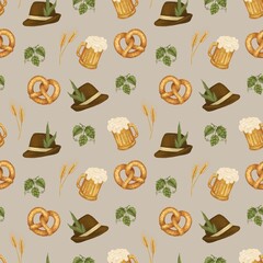 Oktoberfest Seamless Pattern | Beer, Pretzel, Hat and Hops hand drawn illustration