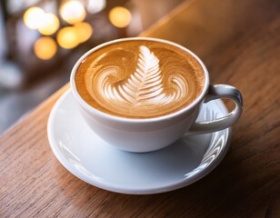 latte art in a white cup on wooden table in a coffee shop