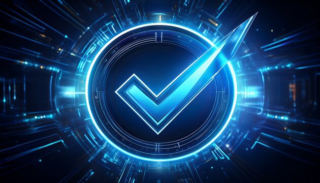 a vibrant blue checkmark enclosed within a dark circle symbolizes validation consent or online identification in cutting edge technological displays