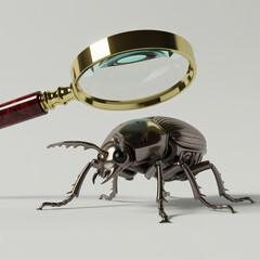 Detailed mechanical beetle examined through magnifying glass with gold rim handle