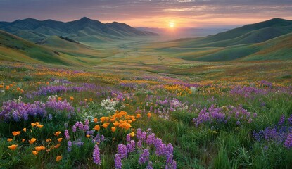 Obraz premium Hillside field of wildflowers at sunrise; mountain range backdrop