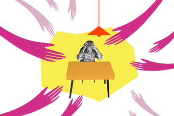 Composite artwork sketch image collage of monochrome aged lady sad headache sit table office dark night lamp light hand reach bully danger