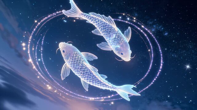 Luminescent koi swimming in circular motion against starry twilight sky, embodying Pisces constellation's fluid energy and mystical interconnectedness