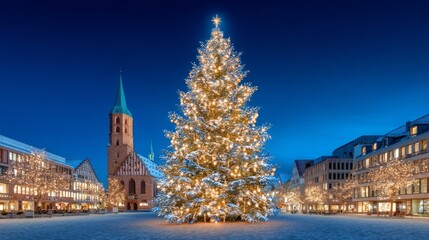 Obraz premium Festive tree lights up historic square in the evening during winter celebrations