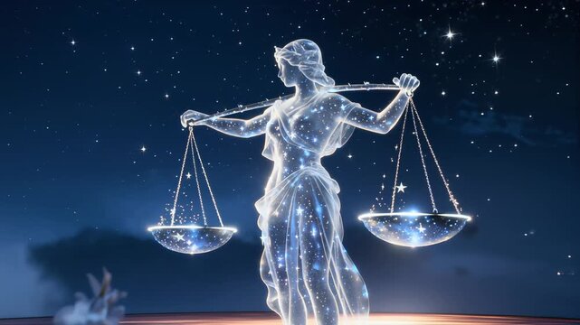Mystical female silhouette embodying Libra zodiac sign, crafted from luminous stellar particles against deep cosmic background, symbolizing universal equilibrium
