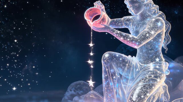 Ethereal Aquarius constellation figure releasing luminous water stream with sparkling stellar particles against deep indigo cosmic background filled with distant galaxies
