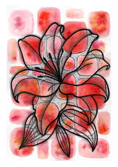 An abstract flower created using mixed media. The background consists of soft watercolor splashes, overlaid with an elegant graphic design—thin black lines form petals and leaves. 