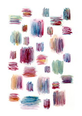 This watercolor illustration is a composition of multiple multicolored brushstrokes of varying shapes and intensities. The color palette includes burgundy, blue, purple, green, and orange hues.
