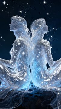 Gemini zodiac sign. Two luminescent human silhouettes merge with cosmic background, interconnected by blue ethereal energy and surrounded by sparkling stellar particles representing universal unity