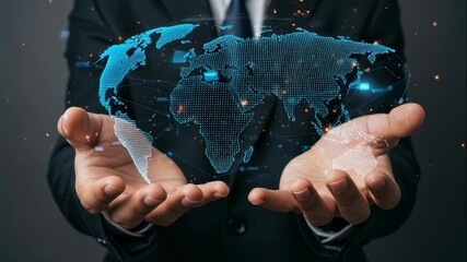 Business man holding a glowing digital world map in his hands, showcasing global connection and business innovation. Digital technology concept, animation. - Powered by Adobe