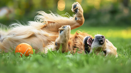 Obraz premium Golden Retriever Puppies Playing: Fluffy, Energetic Young Golden Pups Chasing Toys, Rolling in Grass, Fetching Balls or Tugging Ropes—Cute, Friendly Furry Companions Bringing Joy During Playtime at Ho