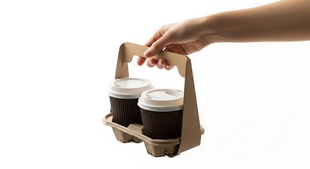 Hand holding a cardboard carrier with two takeaway coffee cups, isolated on white background.