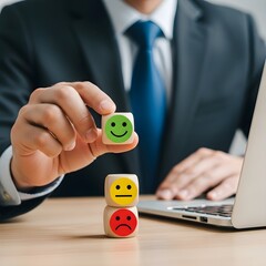 Photo of businessman holding a cube with a happy face, representing customer satisfaction and positive feedback, with neutral and sad faces below