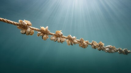 Fototapeta premium Underwater Scene of Sea Rope with Shells and Clams, Natural Marine Life in Clear Water, Ocean Environment, Serenity and Beauty Under the Surface