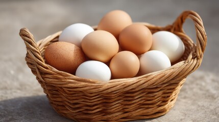 Fresh Farm Eggs in a Woven Basket Displayed Outdoors Under Natural Light Perfect for Culinary and Farm-Fresh Themes