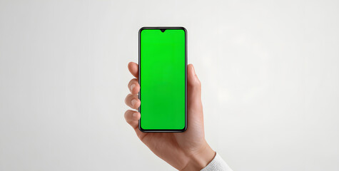 vector illustration of hand holding smartphone with green screen isolated on white background modern mockup template for mobile app interface design business presentation and digital artwork use