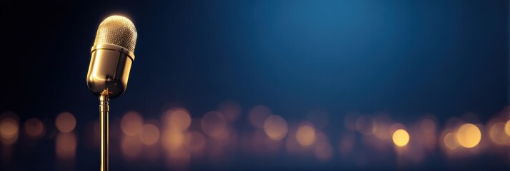 Creative abstract business background with golden metallic microphone glowing spotlight dots on blue purple stage for music competition speech event award ceremony. Modern commercial backdrop design.