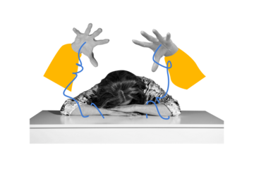 Creative image collage young woman lying depressed tired exhausted overworked workaholic hands manipulation control puppet doll