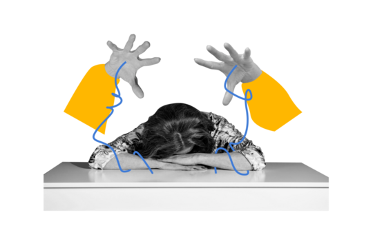 Creative image collage young woman lying depressed tired exhausted overworked workaholic hands manipulation control puppet doll