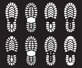 Boot Shoe Sole Print Vector Set – Grunge Footprint Silhouette Icons on Black Background