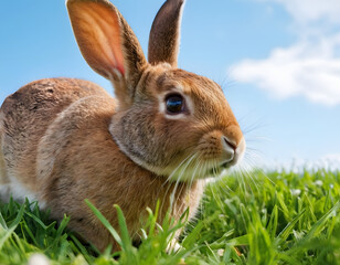 Fototapeta premium Cute easter rabbit sticking out green grass corner on blue sky background with empty space for text or product, easter bunny in the grass