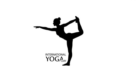 Silhouette of a woman in a yoga pose for international yoga day the silhouette is black, and the background is white the woman is in a dancer pose