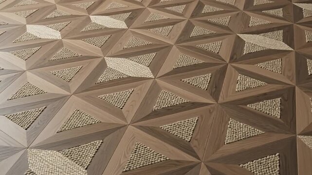 A mesmerizing overhead shot of a luxurious and intricate floor design. This sophisticated geometric pattern combines varying shades of natural wood planks with textured triangular sections filled with