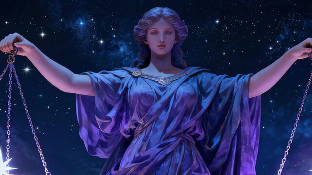 Woman representing zodiac sign Libra holding balanced scales with cosmic galaxy spheres against starry night background. Mystical astronomical representation of equilibrium and balance.