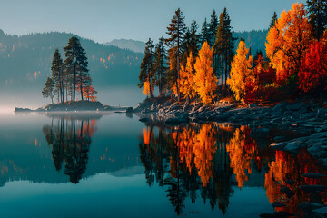 Naklejka premium Serene Autumn Lakeside Scenery with Vibrant Foliage and Reflections - Nature's Tranquil Retreat