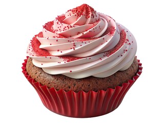 Delicious chocolate cupcake with swirled pink and white frosting and red sprinkles