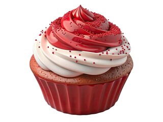 Festive red velvet cupcake with swirled frosting and sprinkles