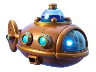 Whimsical steampunk submarine with glowing blue lights