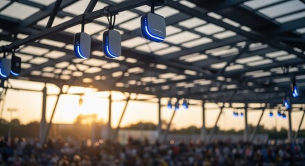 Hightech access points securely affixed to the ceiling of an outdoor stadium facilitating fast and stable WiFi signal for event attendees.